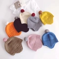 Ins wind pure color big ball children knitting ear protection hat autumn winter lovely warm baby bean hat wool hat details Picture