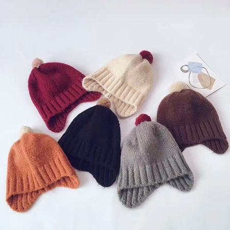 Ins wind pure color big ball children knitting ear protection hat autumn winter lovely warm baby bean hat wool hat Specification drawing