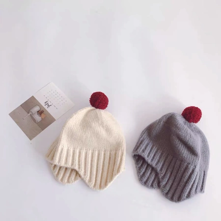 Ins wind pure color big ball children knitting ear protection hat autumn winter lovely warm baby bean hat wool hat Item Picture
