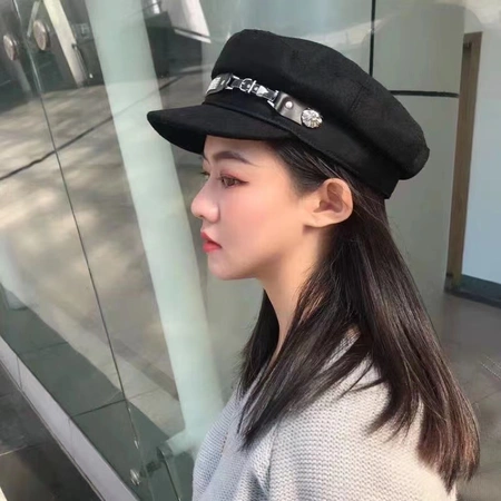 Korea edition autumn winter wool cap children fashion rhinestone adornment navy cap flat top cap personality versatile octagonal cap details Picture