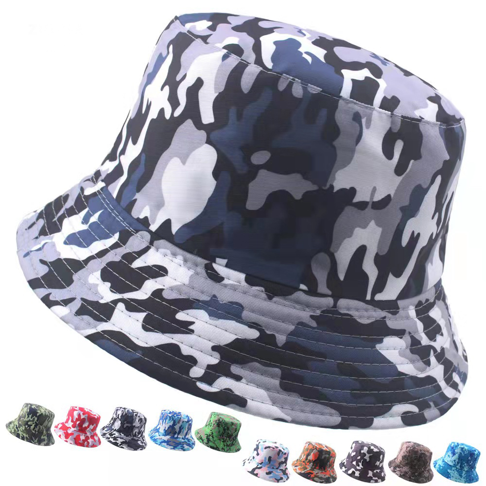 Summer camo bucket hat men women outdoor sunscreen foldable double-sided fisherman cap fishing mountaineering couple sun hat full figure