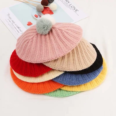Children's Beret Autumn/winter fashion two-color wool ball baby tide multicolor lovely solid-color knitted hat Specification drawing