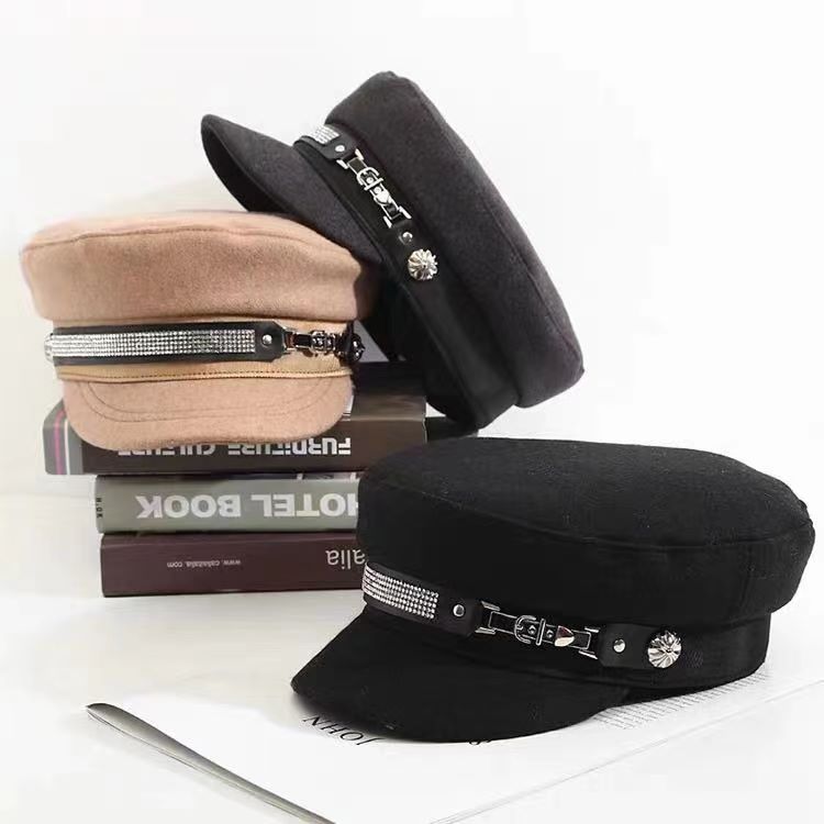 Korea edition autumn winter wool cap children fashion rhinestone adornment navy cap flat top cap personality versatile octagonal cap full figure